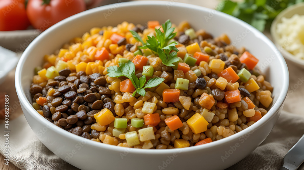 Vegan lentil rice bowl with colorful vegetables served in a white ceramic dish showcasing healthy meal options for advertisements or promotions Vegan lentil rice bowl with colorful vegetables served in a white ceramic dish showcasing healthy meal options for advertisements or promotions