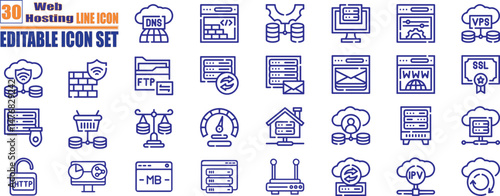 Web hosting glyph solid icons. Containing cloud computing, server, domain, firewall, internet, FTP, database, SSL, data hosting and more.