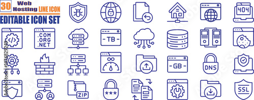 Web hosting glyph solid icons. Containing cloud computing, server, domain, firewall, internet, FTP, database, SSL, data hosting and more.