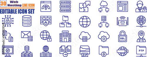 Web hosting glyph solid icons. Containing cloud computing, server, domain, firewall, internet, FTP, database, SSL, data hosting and more.