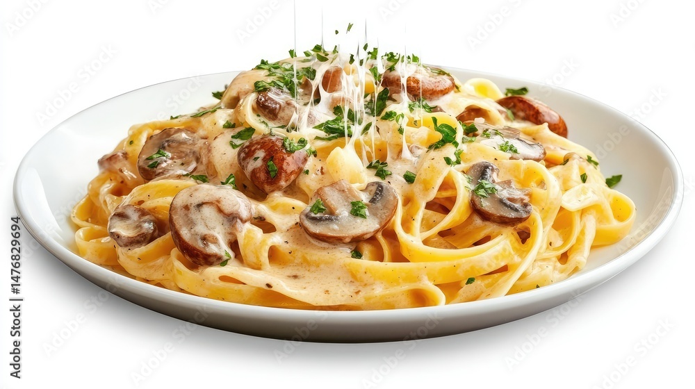 Elegant plate of fettuccine with mushroom cream sauce, cheese raining down for final touch Elegant plate of fettuccine with mushroom cream sauce, cheese raining down for final touch