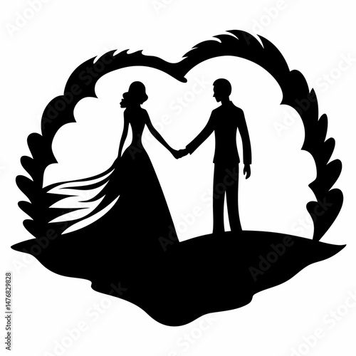 Black vector illustration shows a silhouette of a bride and groom dancing, embodying love and romance on their wedding day