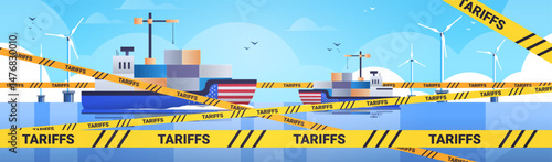 Trade war illustration featuring cargo ships with containers and flags surrounded by tariff tape against a blue sky with wind turbines and birds