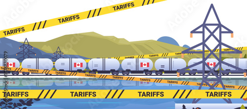Trade tariffs concept train cargo containers. Canadian flag tankers on tracks with yellow tariff tape pylons mountains water reflection. Banner design