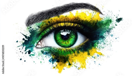 Close-up eye art, vibrant colors, patriotic design, expressive gaze