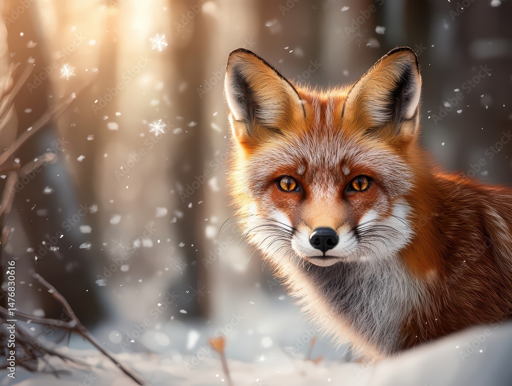 Close-up of a Beautiful Red Fox Sitting in Snowy Forest During Winter with Gentle Snowflakes Falling Close-up of a Beautiful Red Fox Sitting in Snowy Forest During Winter with Gentle Snowflakes Falling