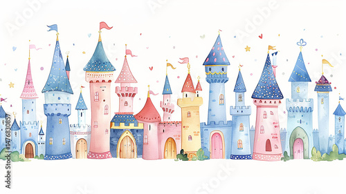 Drawing of a fairy-tale colorful castle on a white background, watercolor style fairy princess castle
