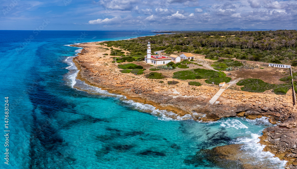 Obraz premium Punta de la Salinas lighthouse and the area of influence of the Cabrera National Park, Cap de Ses Salines, Santanyi, Mallorca, Balearic Islands, Spain