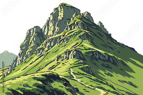 77 mountain landscape, impressive rugged rocky peak, steep ridges covered in lush green grass, dramatic lighting, realistic, cinematic, detailed, high-quality, photorealistic