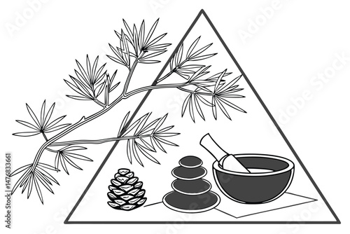 139 pine tree,bowl,rocks,geometric,surreal,minimalist,digital art