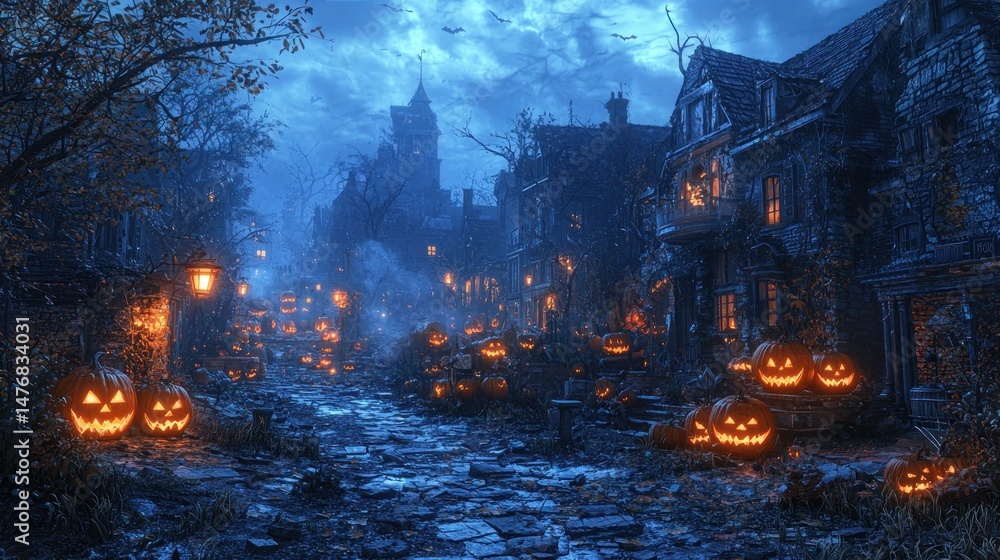Obraz premium Spooky Halloween Town at Night