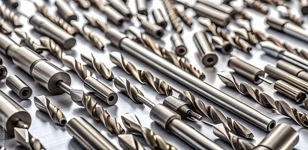Fototapeta premium Scattered Drill Bits on White Surface – Abstract Minimal Tool Arrangement