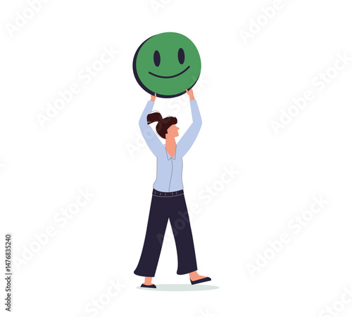 Happy young Asian woman holding smile emoji face, positive mental health, world mental health day concept