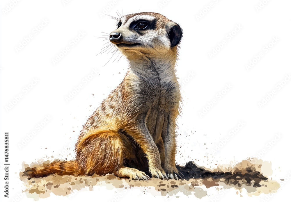 Fototapeta premium Detailed Illustration of a Meerkat Sitting Alert in a Desert Landscape with a Soft Gradient Background