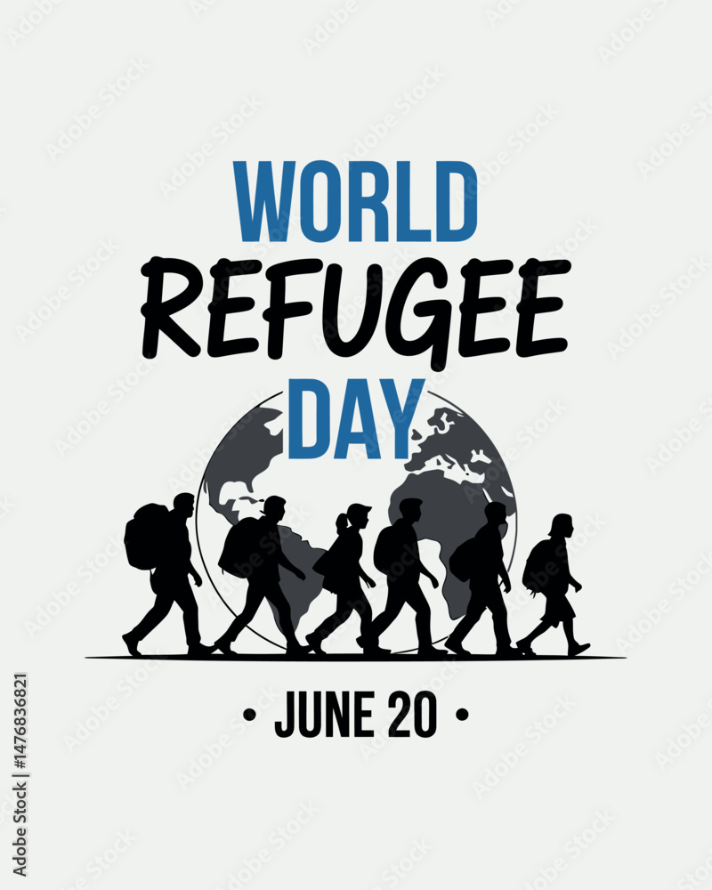 World Refugee Day graphic with migrating people silhouettes and globe World Refugee Day graphic with migrating people silhouettes and globe