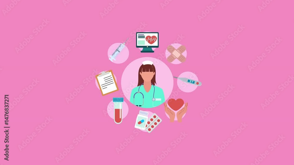 Healthcare animation with rotating medical icons on pink background Healthcare animation with rotating medical icons on pink background