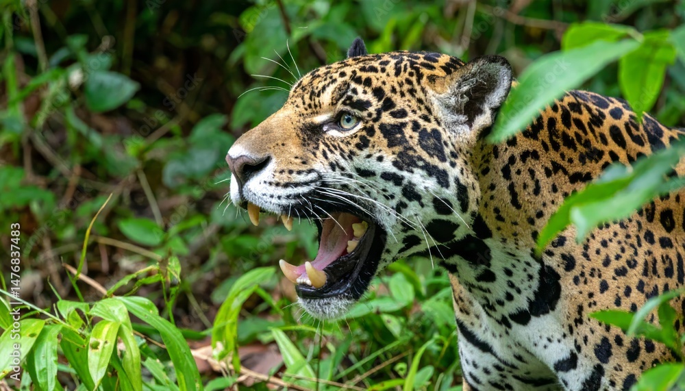 Fototapeta premium Wild jaguar roaring in the jungle showing its teeth predatory behavior, a powerful predator in its natural habitat, hunting wildlife