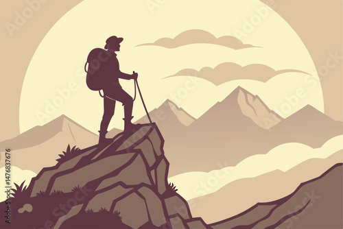 79 mountaineer standing on top of rocky mountain cliff, atmospheric lighting, golden hour, serene landscape, digital painting, cinematic, Artstation, Unreal Engine