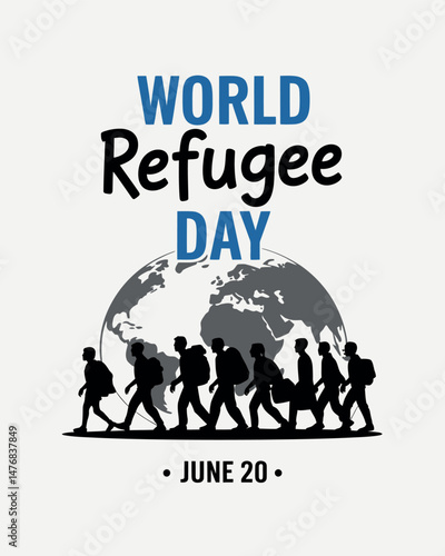 World Refugee Day graphic with migrating people silhouettes and globe