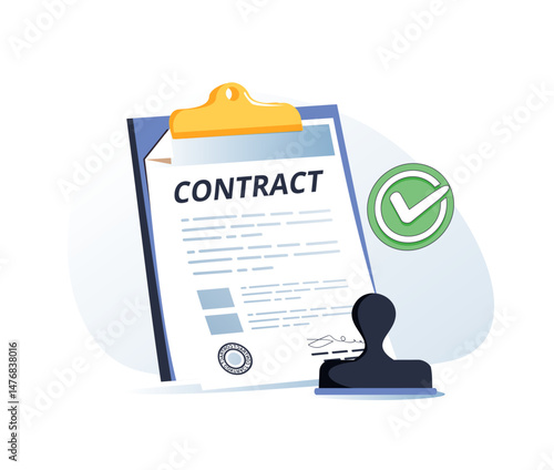 Signed business contract agreement on desk.. New regulation concept, document with an approval stamp. Implementation
