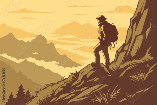 79 mountaineer standing on top of rocky mountain cliff, atmospheric lighting, golden hour, serene landscape, digital painting, cinematic, Artstation, Unreal Engine