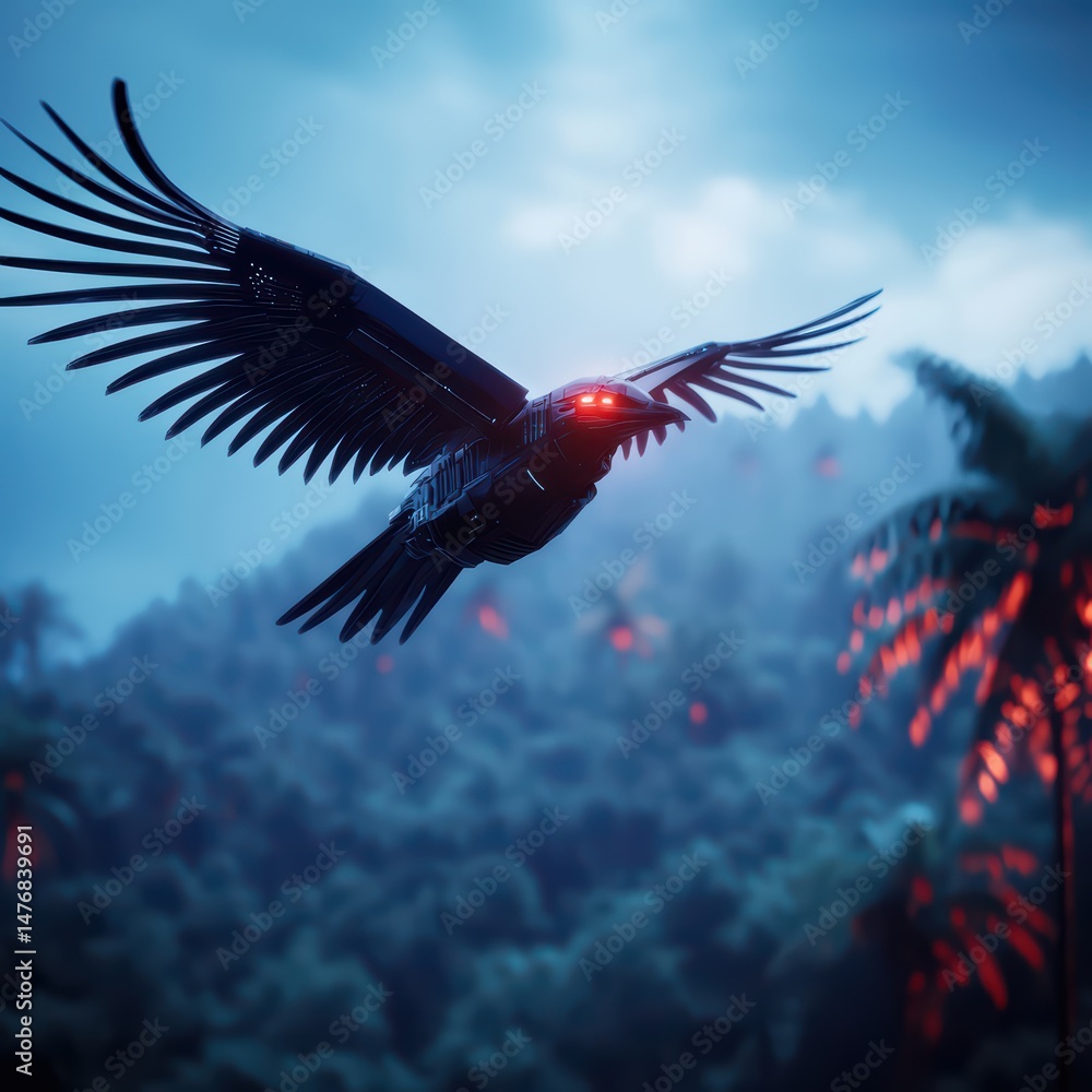 Fototapeta premium Majestic Black Bird Soaring Above Lush Tropical Forest with Vibrant Greenery and Mysterious Background Elements
