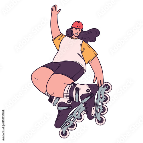 Hand drawn vector illustration of jumping teenager in inline skates