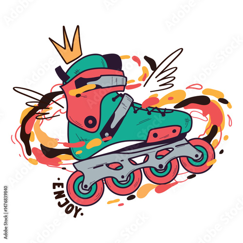 Vector hand drawn inline skate boot with paint splashes and wings and crown