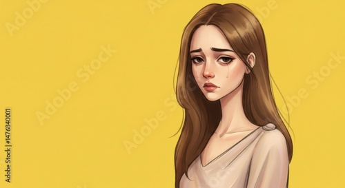 Sad girl portrait, light beige dress, yellow background