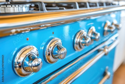 Close-up of a blue gas range with shiny chrome knobs