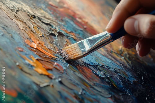 Fototapeta Naklejka Na Ścianę i Meble -  person is painting a picture with a brush. The painting is colorful and has a lot of texture. The brush is being used to apply paint to the canvas, creating a unique and interesting piece of art