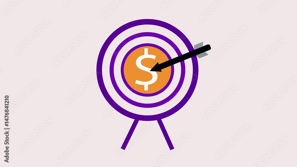 Concept animation of a violet and white target with dart hitting money icon, representing financial goals, marketing strategy, and ROI. Concept animation of a violet and white target with dart hitting money icon, representing financial goals, marketing strategy, and ROI.