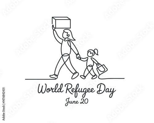 World Refugee Day line drawing of a mother and child migrating