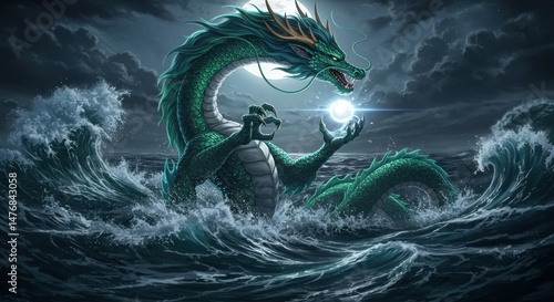 Ryujin, the Dragon God, Emerging from the Ocean