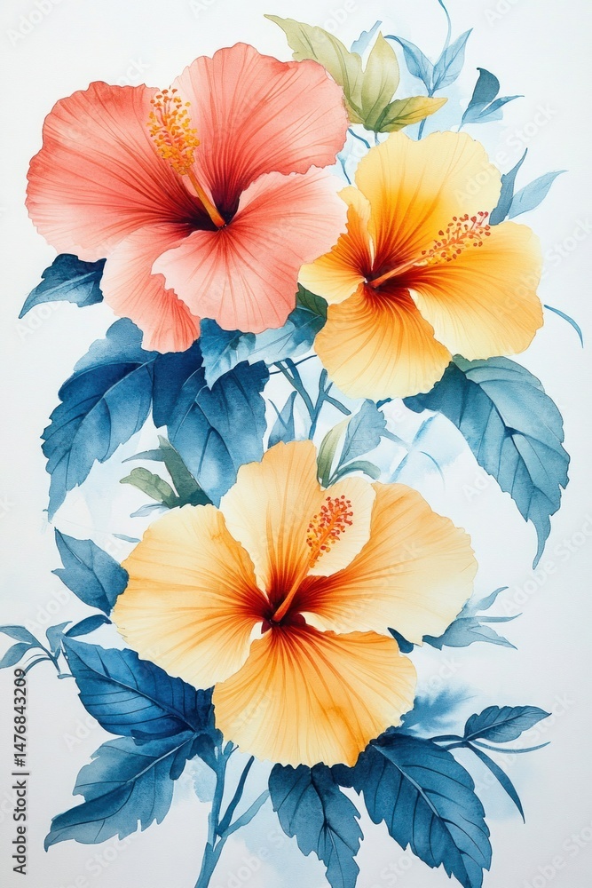 custom made wallpaper toronto digitalVibrant Hibiscus Flowers in Bloom with Tropical Leaves and Soft Blue Background
