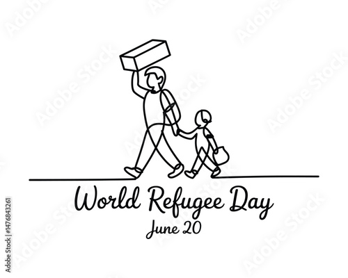 World Refugee Day line drawing of a mother and child migrating