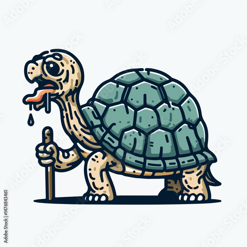 The Animated Tortoise: An amusing tortoise illustration walking with support stick showing its humorous personality, and expressing humor through design.