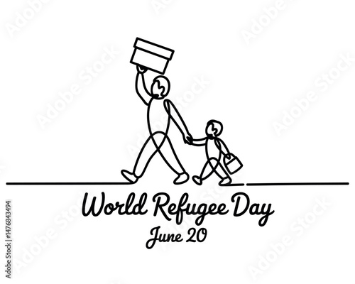 World Refugee Day line drawing of a mother and child migrating