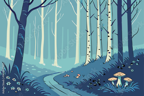 141 misty forest path, fantasy forest, silver birch trees, blue tones, fog, glowing mushrooms, wildflowers, ethereal atmosphere, warm lighting, magical landscape
