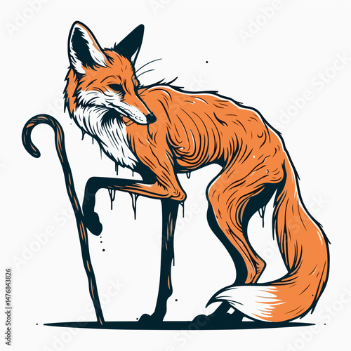 Fox and Cane: a cunning fox leans against a wooden cane, a whimsical portrait of resilience and cunning. Capturing the spirit of the wild and the wisdom of age.