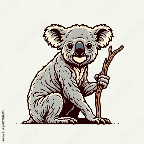 Koala Bear Holding Branch: A captivating illustration of a koala bear, clutching a wooden branch. This endearing creature sits, exuding a sense of peace and friendliness.