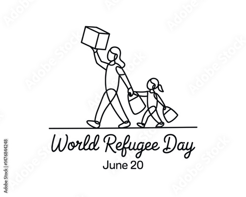 World Refugee Day line drawing of a mother and child migrating