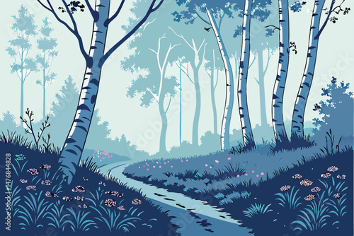141 misty forest path, fantasy forest, silver birch trees, blue tones, fog, glowing mushrooms, wildflowers, ethereal atmosphere, warm lighting, magical landscape