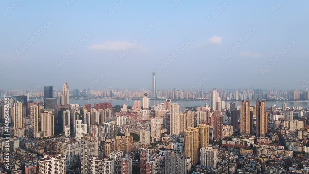 Explore the stunning aerial view of Wuhan's city center with iconic buildings Explore the stunning aerial view of Wuhan's city center with iconic buildings