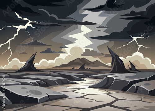 Dramatic Stormy Landscape with Lightning Strikes over Cracked Earth and Mountains