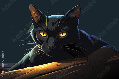Mysterious Black Cat with Glowing Eyes Resting on Wooden Surface