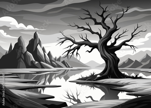 Monochromatic Landscape Illustration of a Barren Tree by a Still Lake and Mountain Range
