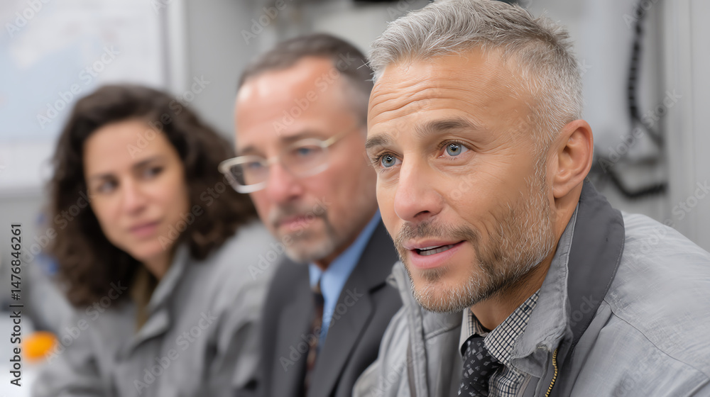 A group of professionals engaged in a serious discussion, demonstrating teamwork and collaboration in a corporate setting.