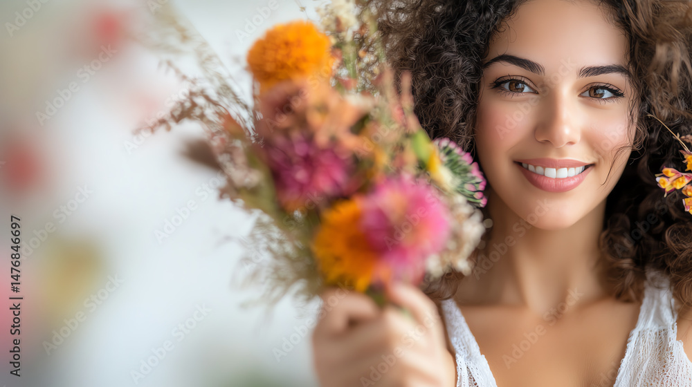 Fototapeta premium A joyful woman smiles while holding a bouquet of vibrant flowers, embodying beauty, happiness, and the joys of nature.