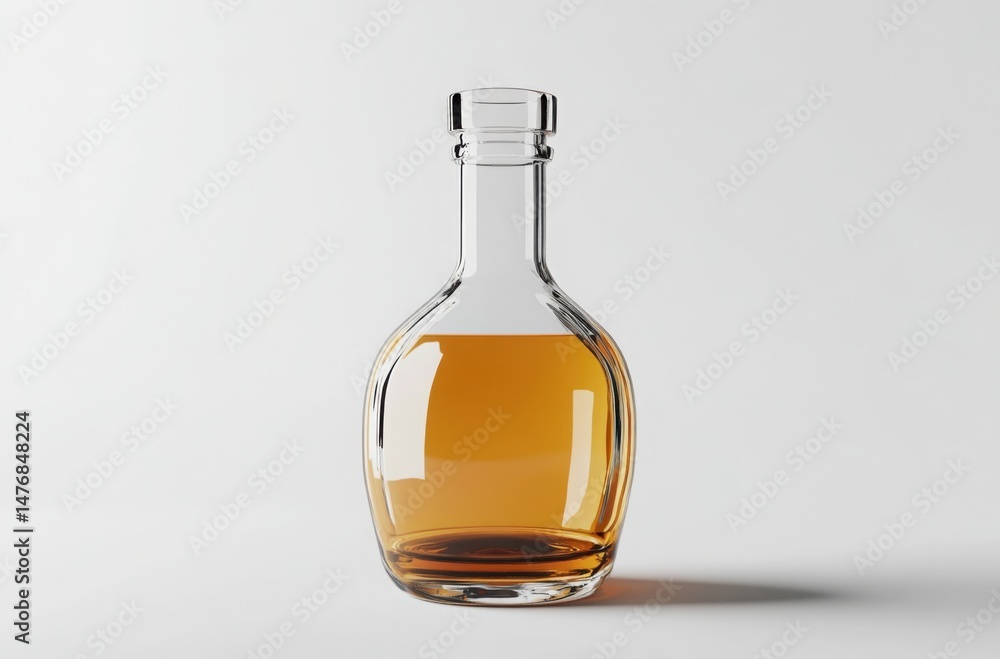 Isolated empty glass bottle in a 3D illustration, clear reflective surface, subtle white shadowing